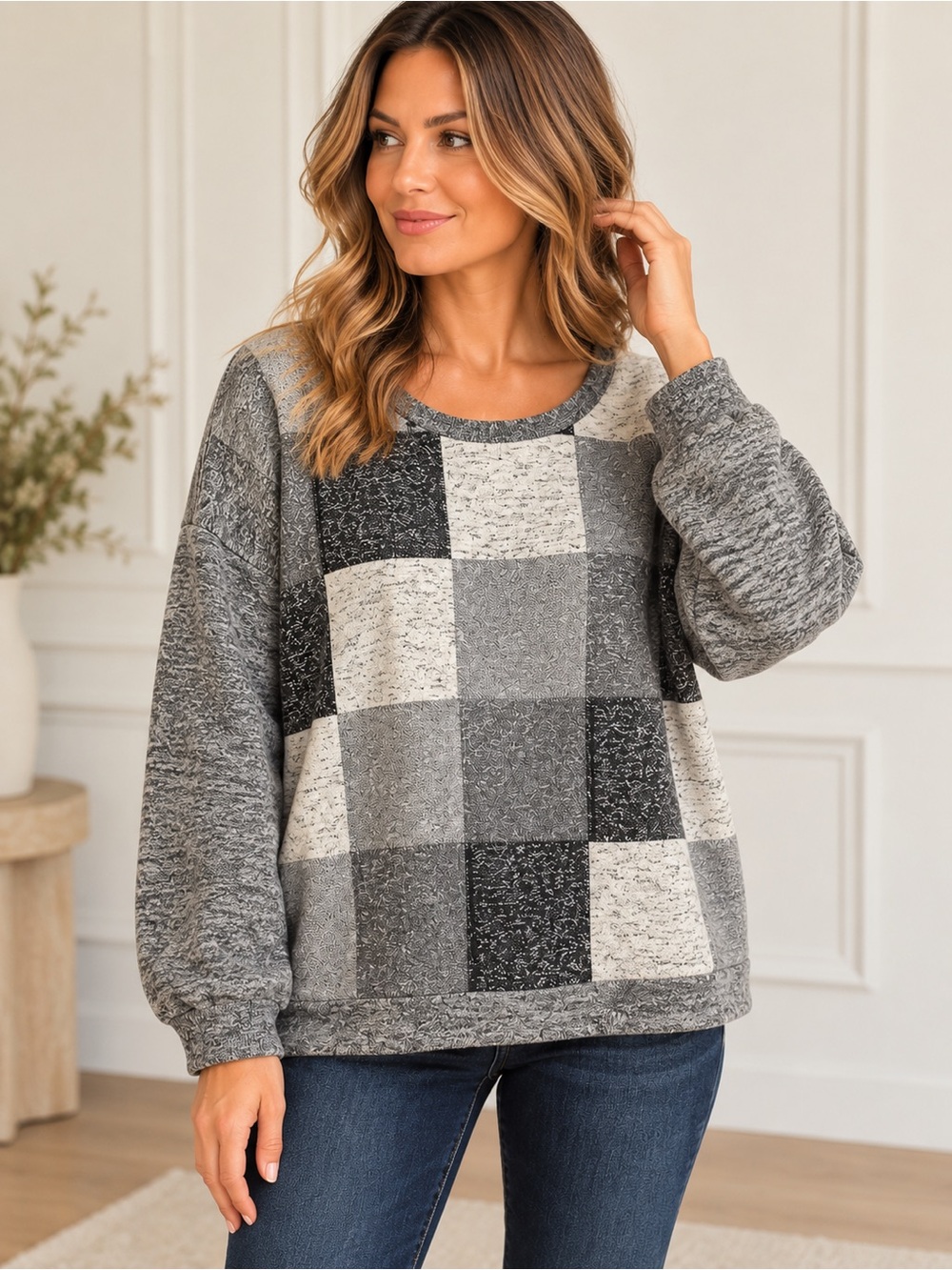 Derek Lam Size 10 Patchwork Gray Mixed Knit Wool Blend Pullover Sweater